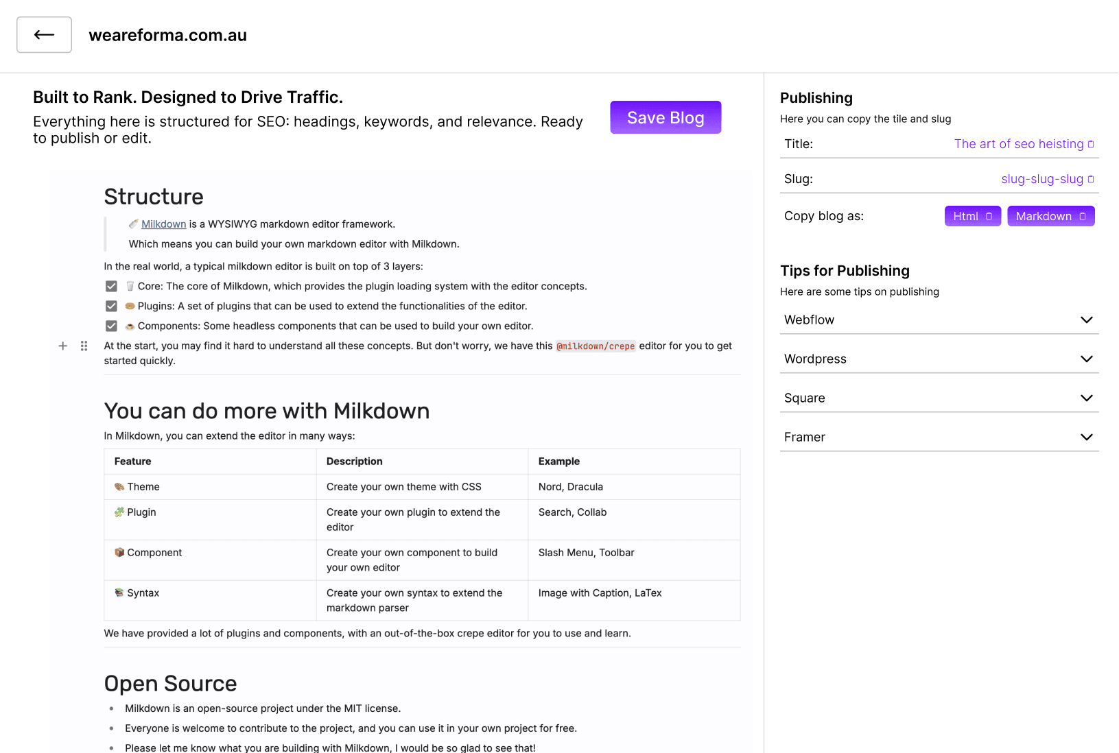 Product mockup of the blog editor